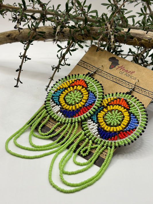 EARRINGS: Traditional Beaded Zulu Disc LIME GREEN