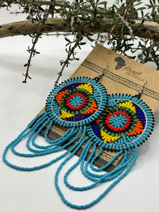 EARRINGS: Traditional Beaded Zulu Disc BLUE